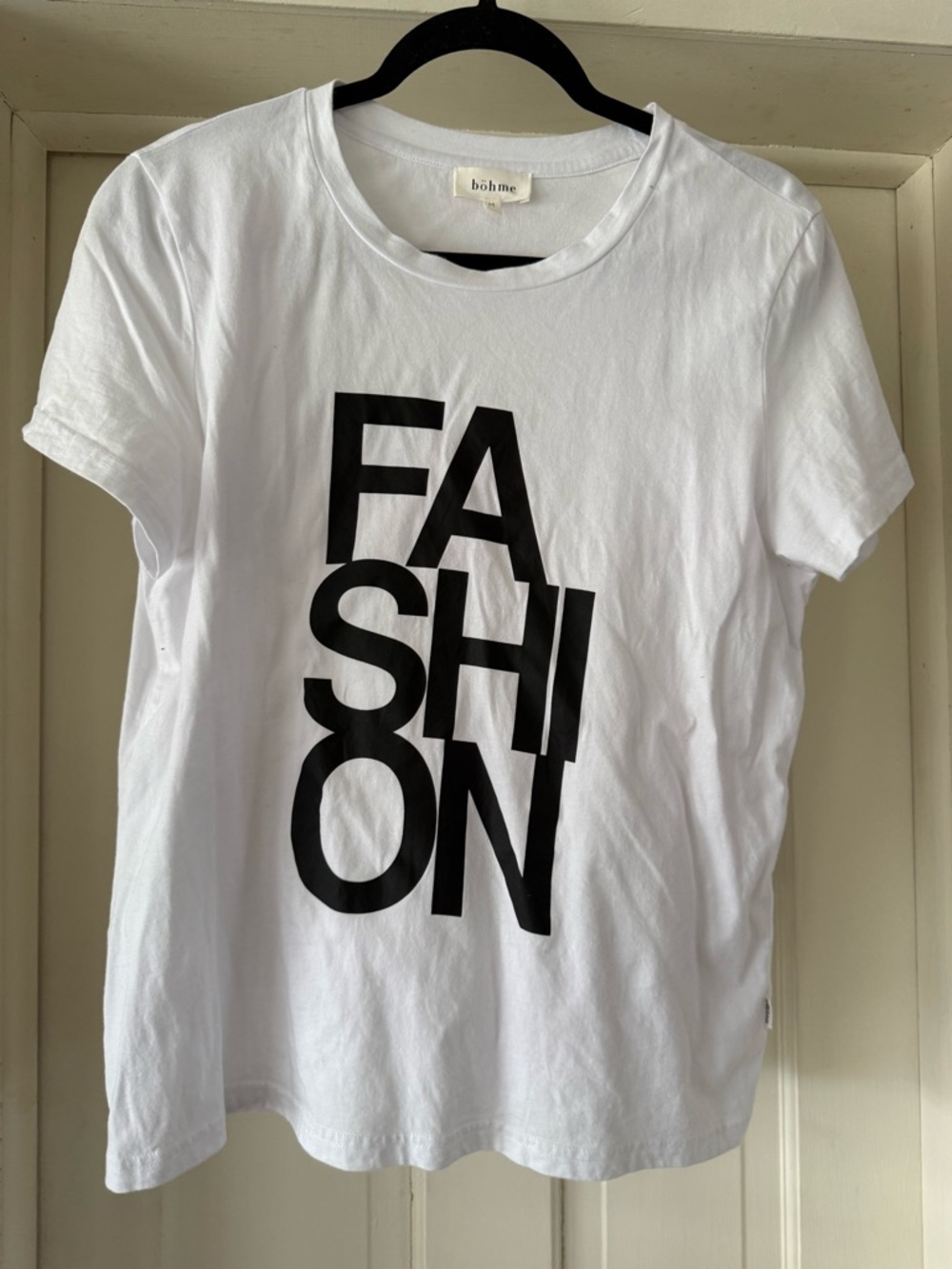 bohme White Tee with Black 'FASHION' Graphic